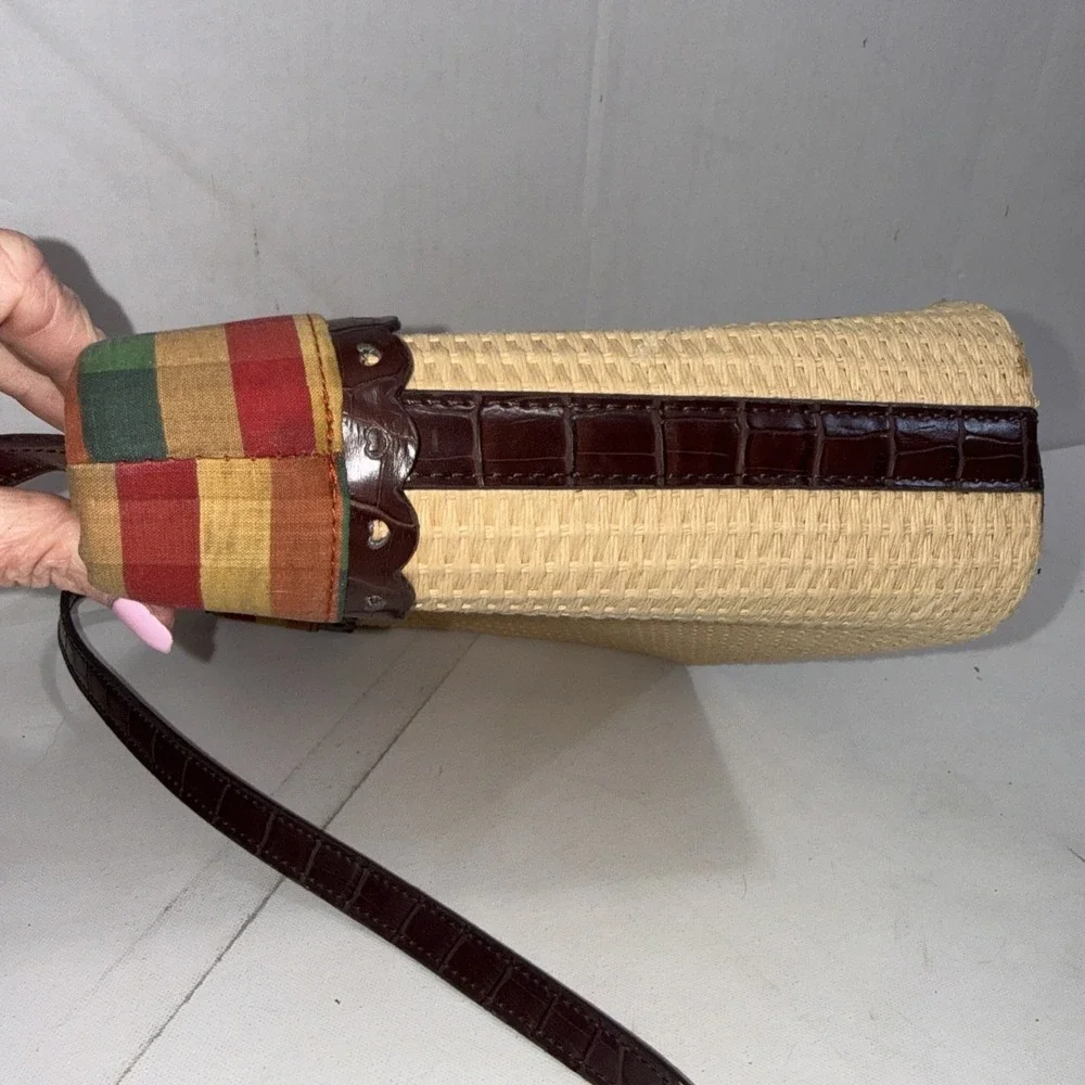 Vintage Brighton Style Y2K Handbag Brown Leather Hearts Trim Plaid Straw Purse